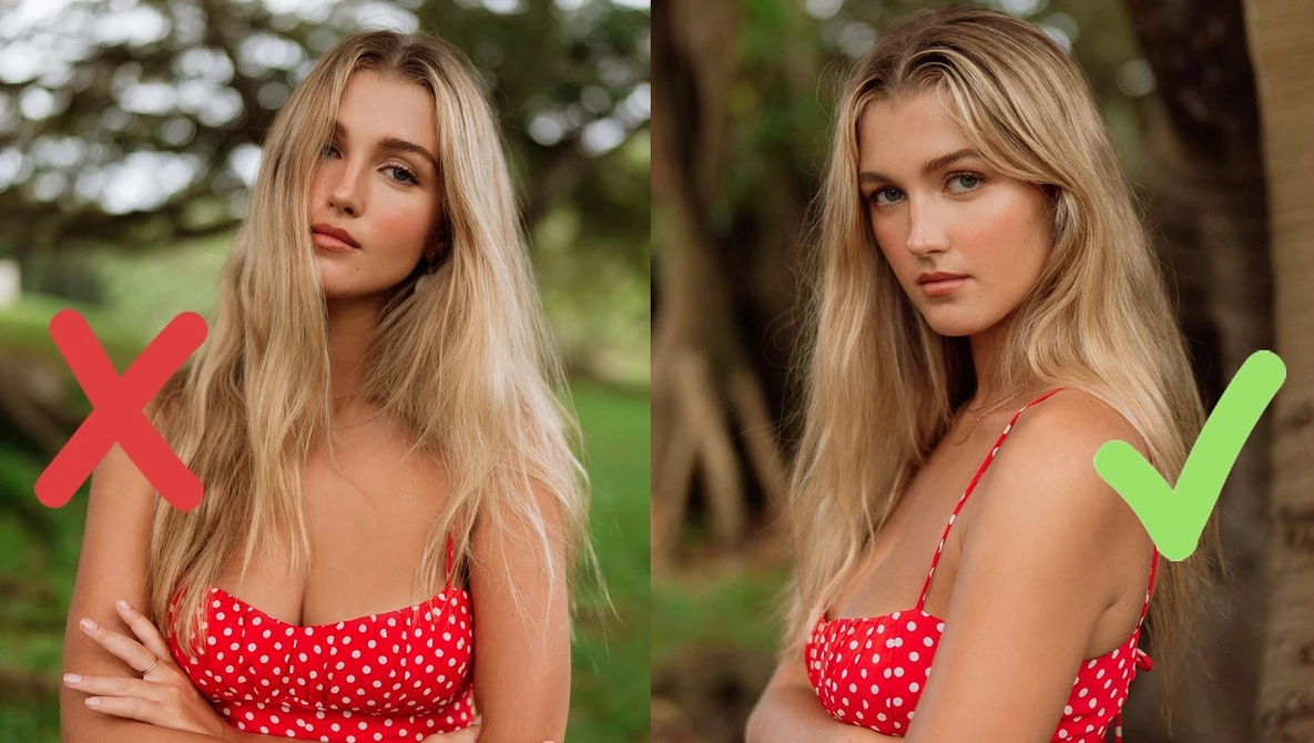 Side-by-side comparison of portrait retouching showing before and after skin processing