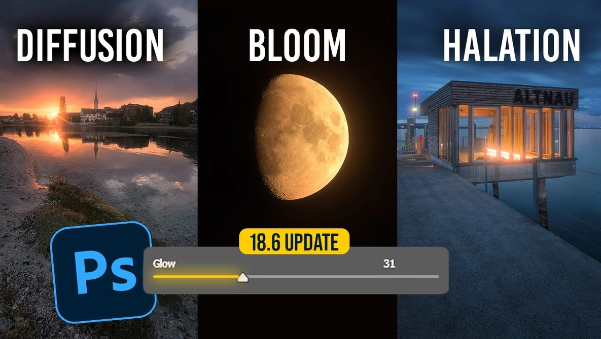 Screenshot showing Photoshop 18.6 update interface with three lighting technique examples