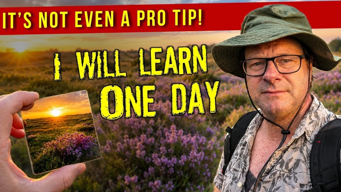 Photographer in wide-brimmed hat and glasses holding smartphone displaying landscape sunset photo