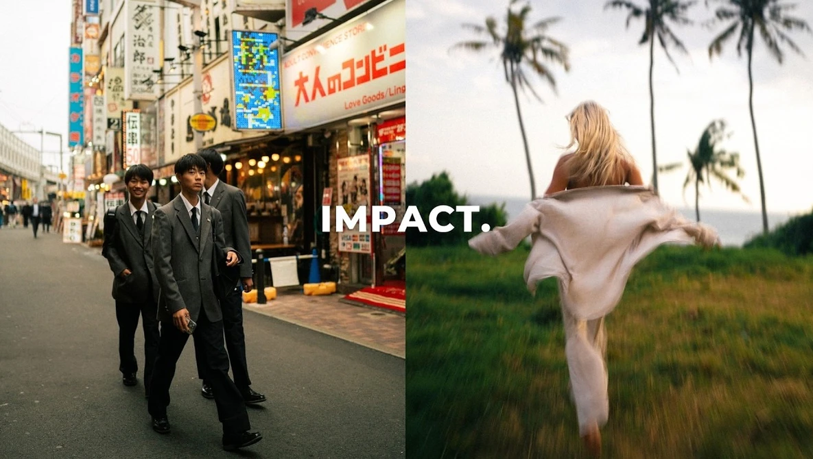 Split composition showing urban street scene and natural landscape with "IMPACT" text overlay
