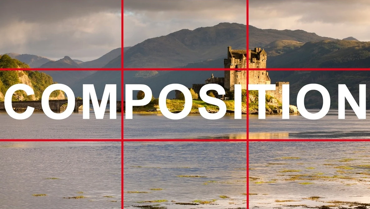 Rule of thirds grid overlay on Scottish loch landscape with castle