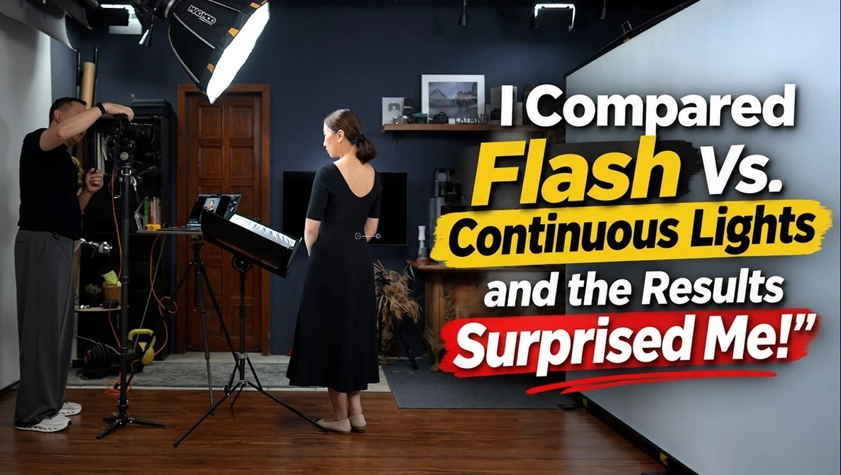 Studio setup comparing flash and continuous lighting with female subject and photographer