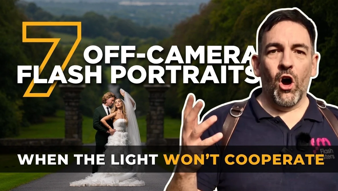 Man in dark shirt gesturing expressively next to off-camera flash portrait tutorial graphic