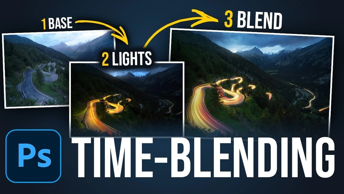 Infographic demonstrating time-blending technique in Photoshop with mountain road long exposure