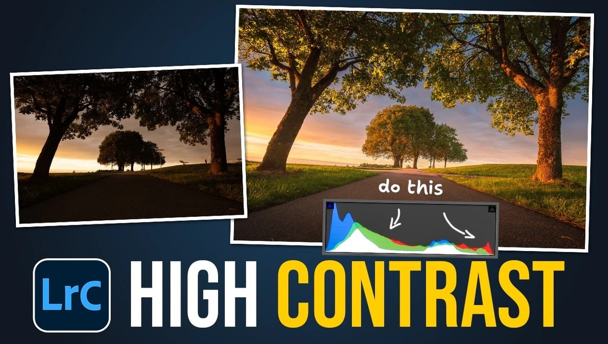 Graphic showing high contrast editing comparison with sunset landscape photos