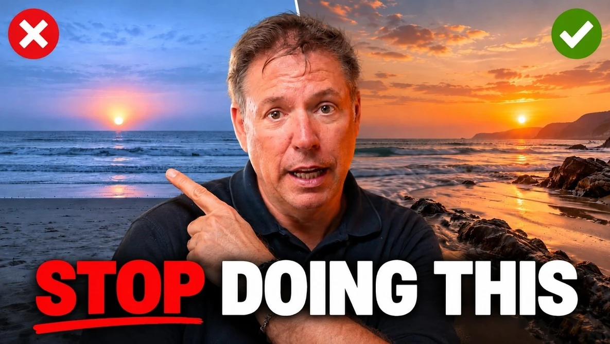 Man pointing at camera with sunset beach background split into correct and incorrect examples