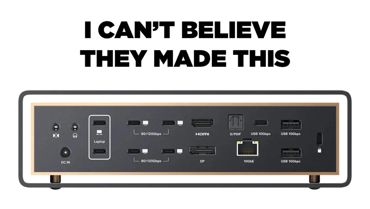 Meme graphic showing back panel of audio/video interface with multiple ports and connections