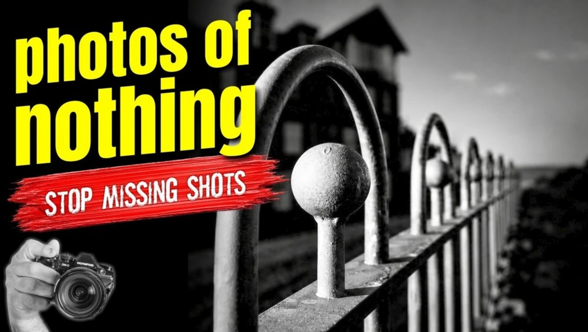 Graphic with yellow text 'photos of nothing' and red banner 'STOP MISSING SHOTS' overlaid on black and white fence line photograph
