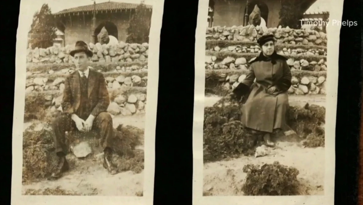 Two sepia-toned photographs showing people seated among large piles of stones with ancient fortification visible