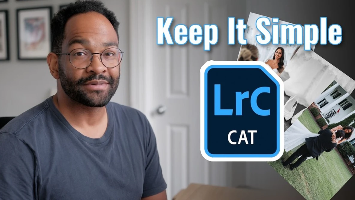 Man wearing glasses and dark shirt speaking to camera with LrC CAT logo and photo editing interface visible