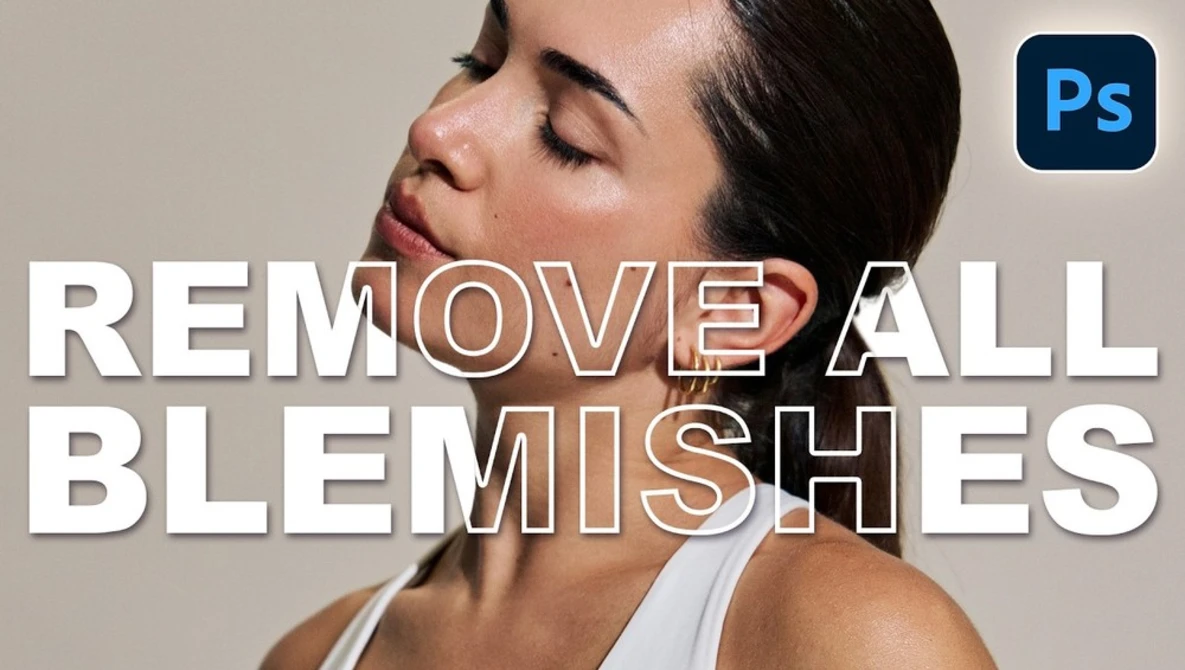 Tutorial graphic showing blemish removal technique in Adobe Photoshop
