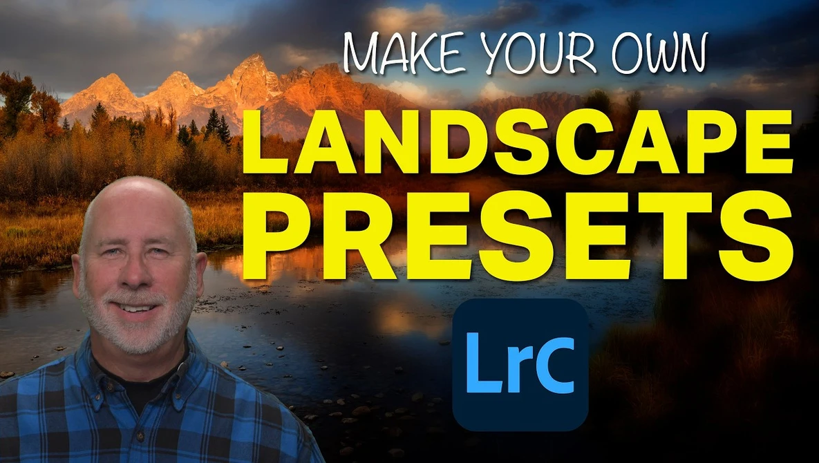 Tutorial thumbnail featuring instructor in plaid shirt with landscape photography preset creation interface