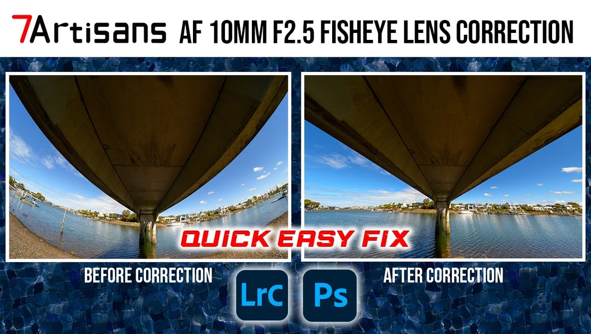 Before and after comparison showing fisheye lens distortion correction using Lightroom and Photoshop