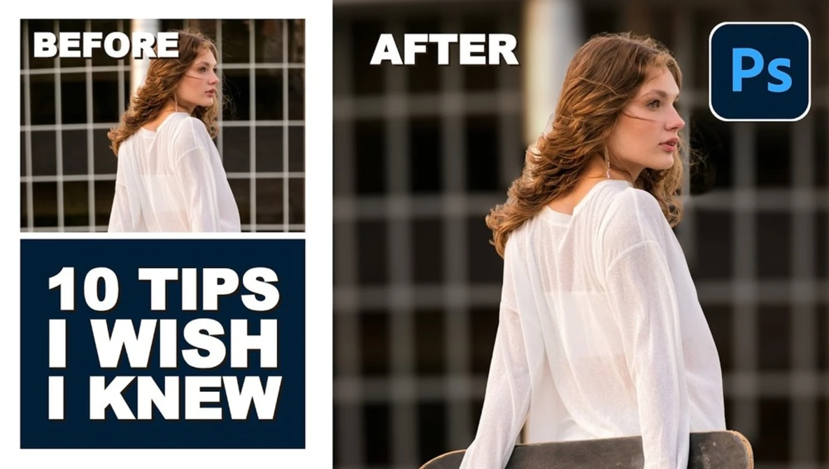 Before and after comparison of portrait editing in Photoshop showing background blur and skin enhancement