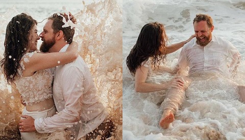 Newlywed Bride and Groom Soaked After Being Hit by Huge Wave During Honeymoon Shoot