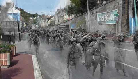 World War II Photos Superimposed On Same Modern Street