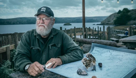 Bearded man in glasses and cap examining geological specimens on a map overlooking a waterfront.