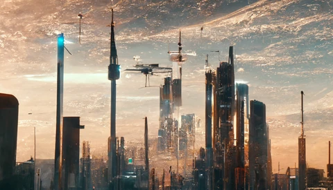 Futuristic cityscape with towering spires and flying aircraft at golden hour.
