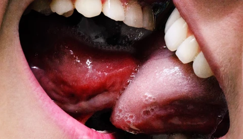 Close-up macro photograph of open mouth showing tongue, teeth, and oral cavity with red and pink tones.