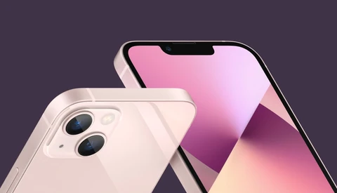 Two smartphones displayed against a purple background, one showing a white back with dual cameras and the other displaying a pink gradient screen.
