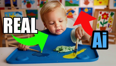 Graphic comparison showing a toddler painting versus AI-generated art, with arrows indicating 'REAL' and 'AI' labels