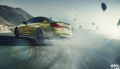 Gold sports car drifting on a mountain road with debris and dust flying around it.