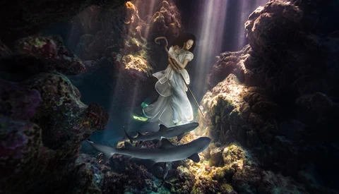 Model Tied Down In Underwater Cave with Sharks Creates Stunning Imagery