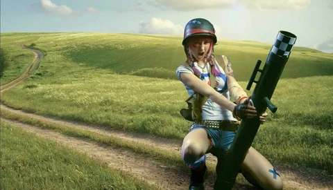 girl in field holding bazooka