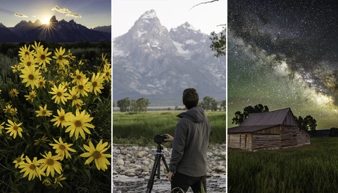 Triptych showing golden wildflowers at sunset, photographer with camera on riverbank, and wooden barn beneath starry sky.