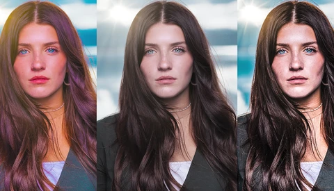 Three portrait variations of a woman with long dark hair against a cloudy sky background.