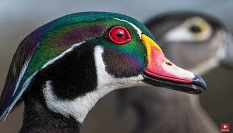 Close-up of a wood duck's head showing iridescent green plumage, red eye, and pink bill.