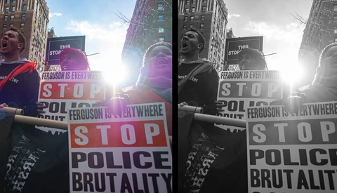 Side-by-side comparison of color and black-and-white versions of a protest scene with signs reading 'Stop Police Brutality' held by demonstrators in an urban setting.
