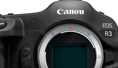 Canon EOS R3 mirrorless camera body front view showing lens mount and sensor.