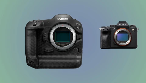 Canon EOS R3 and Sony Alpha mirrorless cameras displayed side-by-side against a gradient background.