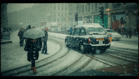 Pedestrians and vintage cars on a snowy urban street during heavy snowfall.