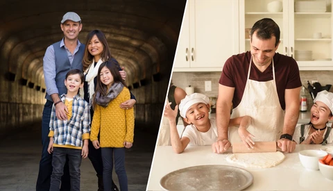 Split-screen comparison: family of four posing in a tunnel on the left; father and two children baking together in a kitchen on the right.