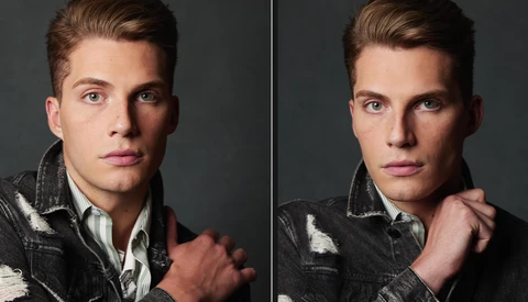 Side-by-side portrait comparison of a young man in a patterned dark jacket, demonstrating subtle posing variations.