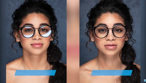 Side-by-side comparison of portrait photography showing the same person wearing glasses with different post-processing treatments.