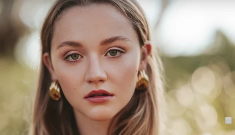 Portrait of a young woman with direct gaze and neutral expression outdoors.