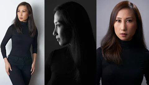 Three portrait photographs of a woman in black clothing against different backdrops.