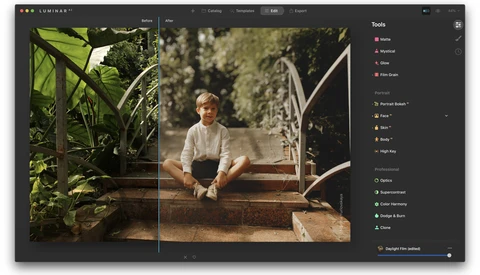 Screenshot of Luminar photo editing software showing portrait retouching tools panel.