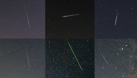 Composite grid of nine photographs showing meteor streaks crossing starry night skies in various exposures and compositions.