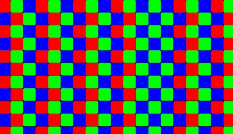 Graphic illustration of a repeating checkerboard pattern with red, green, and blue squares arranged in rows.