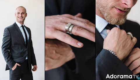 Man in dark suit and tie photographed from three angles showing facial features, hand with ring, and wrist with bracelet.