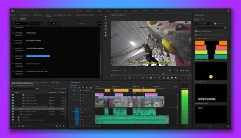 Screenshot of video editing software with timeline, color grading panels, and footage preview.