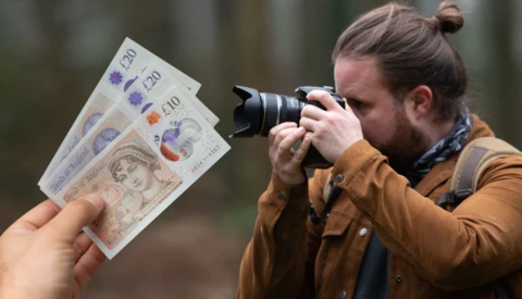 Photographer holding camera while another person displays British banknotes in front of the lens.