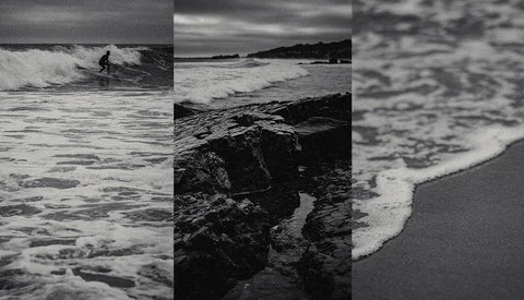 Black and white triptych of coastal scenes including a surfer in waves, rocky shoreline, and foaming surf meeting sand.