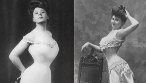 Two side-by-side black and white portrait photographs from the early 1900s showing women in corsetted silhouettes with Gibson Girl styling.