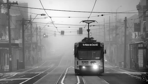 Tram approaching through fog-shrouded urban street with overhead power lines and buildings fading into mist.