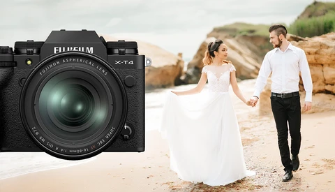 Fujifilm X-T4 camera with XF 16-80mm lens displayed above a beach wedding scene.